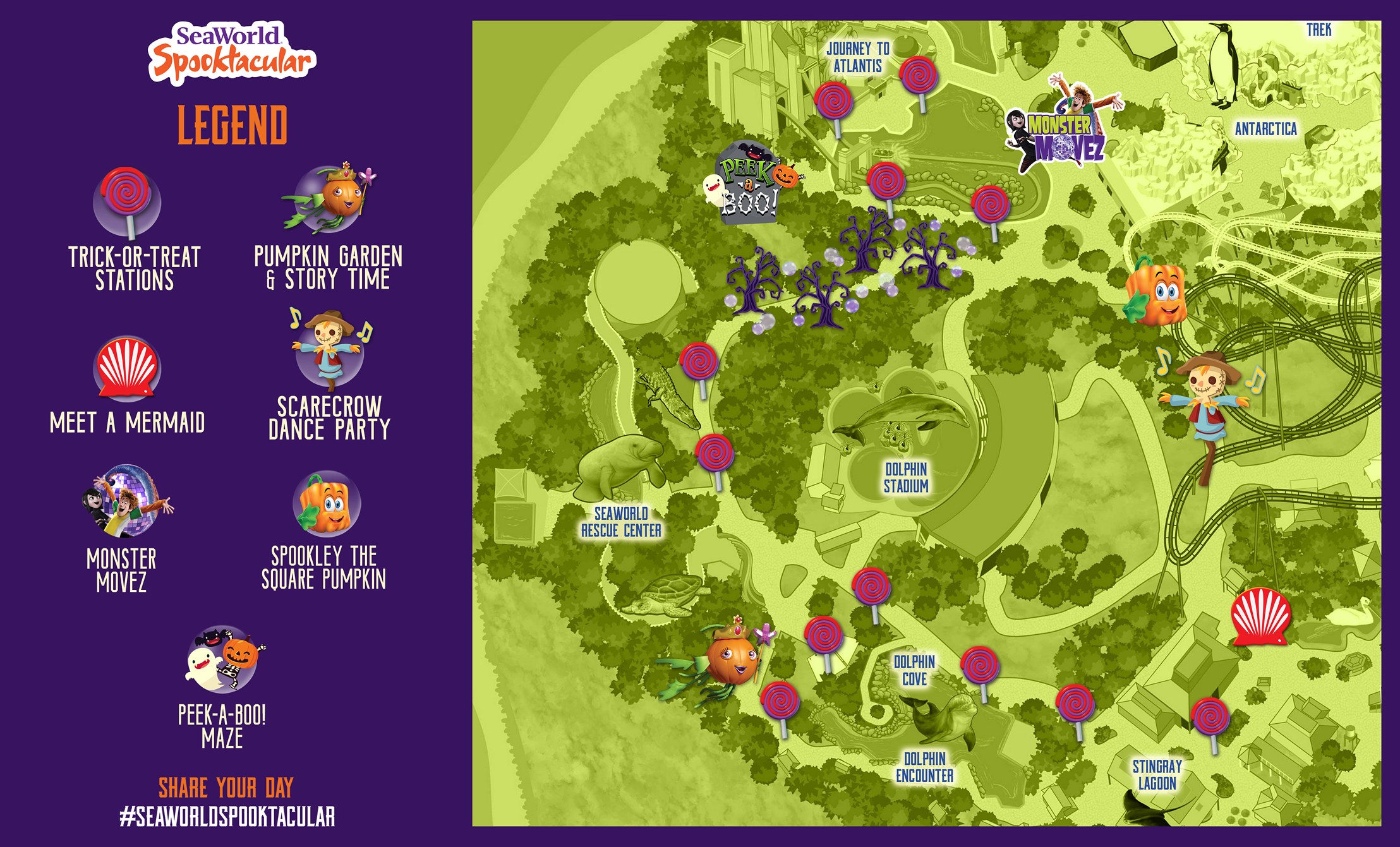 The 2026 SeaWorld Spooktacular park map, with a purple legend panel at the left listing seven items and a green illustrated park map at the right