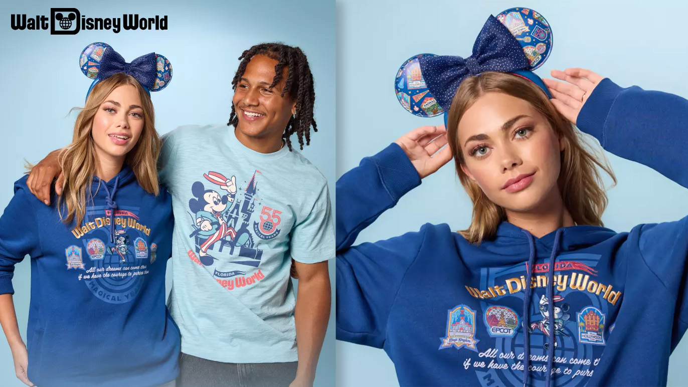 Two-panel composite on a pale blue backdrop. At left, two models, one in a royal blue Walt Disney World 55th anniversary hoodie and navy ear headband, one in a light blue t-shirt with Mickey Mouse in front of Cinderella Castle. At right, a closer view of the same hoodie and ear headband.