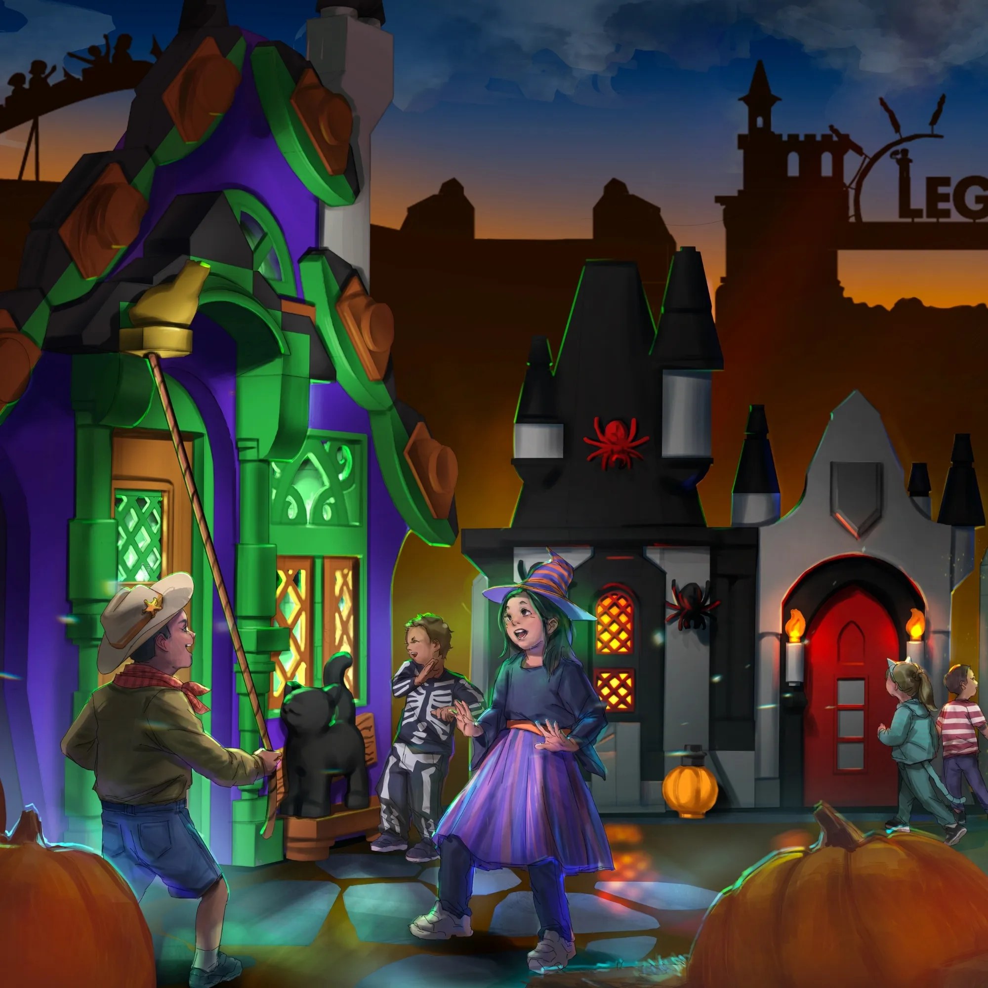 Concept artwork of a Halloween street at dusk built from oversized LEGO bricks, showing a green and purple witch cottage with a black brick cat, a black castle with red spiders and a white house with a red door flanked by flaming torches, children in witch, skeleton and cowboy costumes in the foreground with lit pumpkins