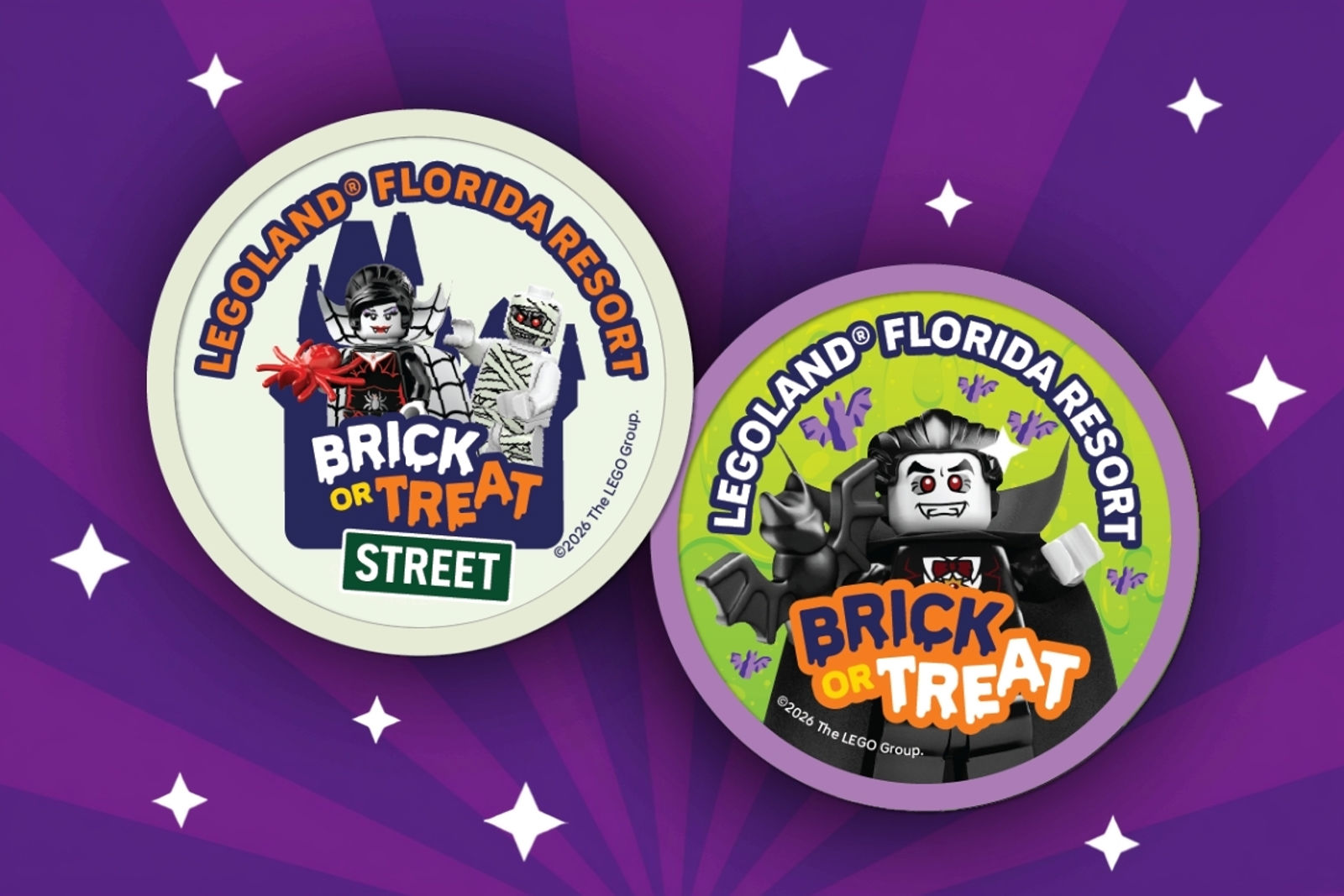 Two round Brick or Treat Pop Badges on a purple starburst background. The left badge reads LEGOLAND Florida Resort Brick or Treat Street and shows a LEGO Spider Lady minifigure holding a large red spider beside a mummy minifigure, in front of a dark castle; the right badge reads LEGOLAND Florida Resort Brick or Treat and shows Lord Vampyre holding a black bat on a green background scattered with purple bats.