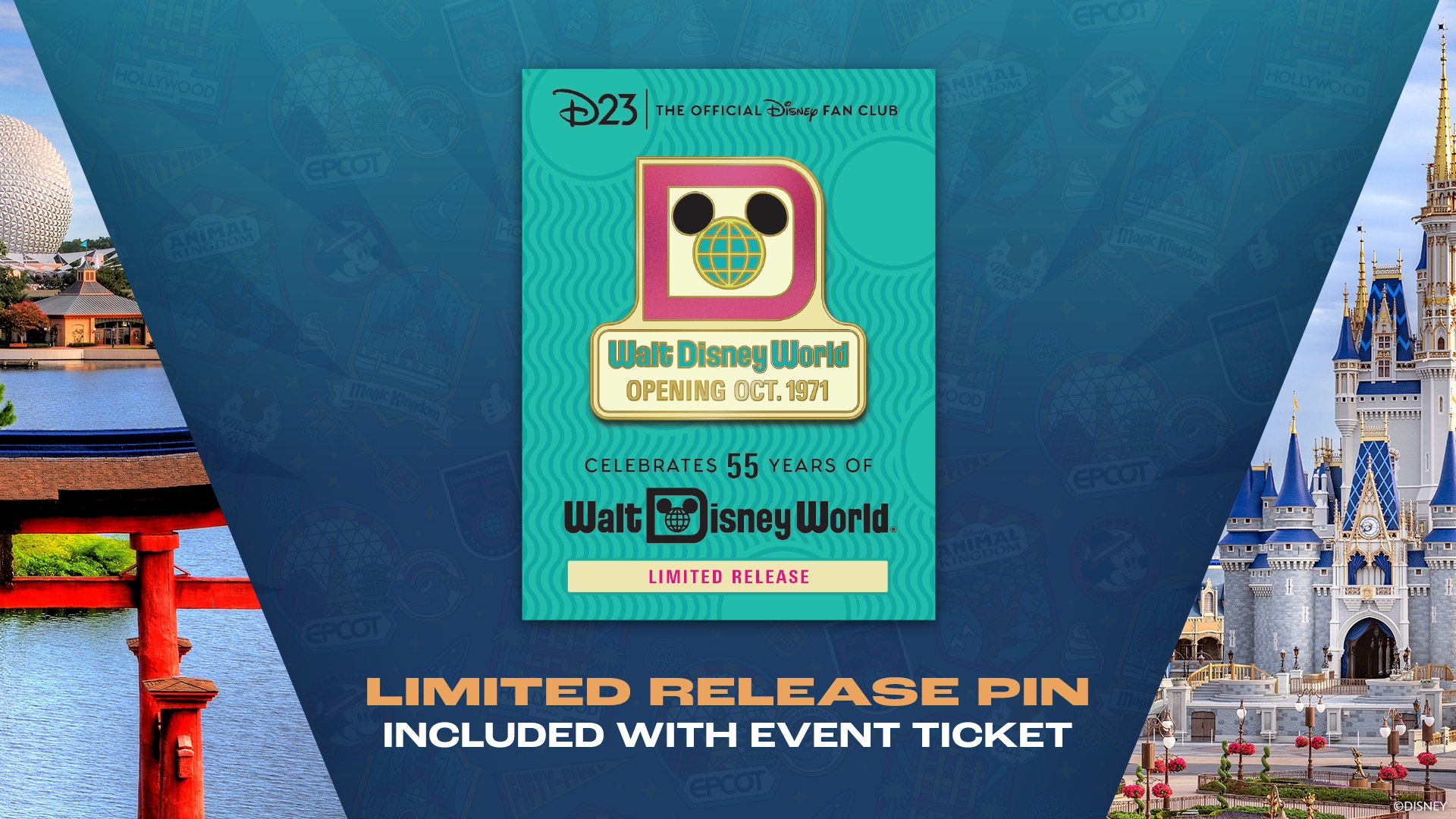 The limited release event pin, a magenta D containing a Mickey ears globe above a plaque reading Walt Disney World Opening Oct. 1971