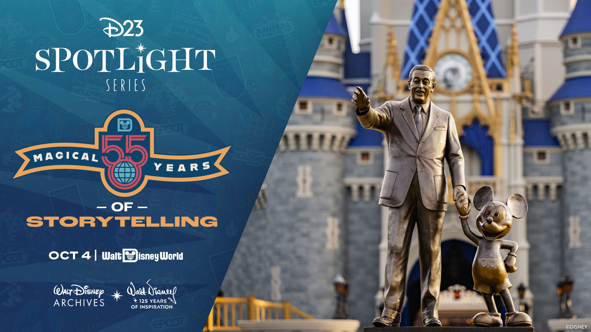 D23 Spotlight Series key art with the 55 Magical Years of Storytelling logo beside the Partners statue and Cinderella Castle