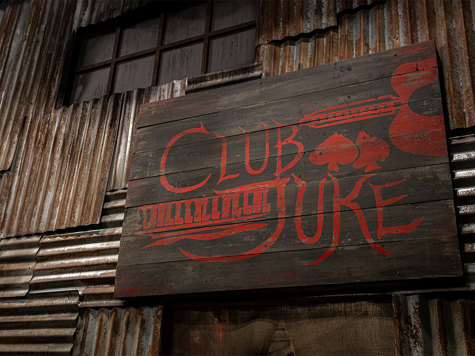 A close up of the weathered wooden Club Juke sign from the Sinners haunted house at Halloween Horror Nights 35, painted in faded red lettering with a guitar and piano keys motif, mounted on a rusted corrugated tin wall.