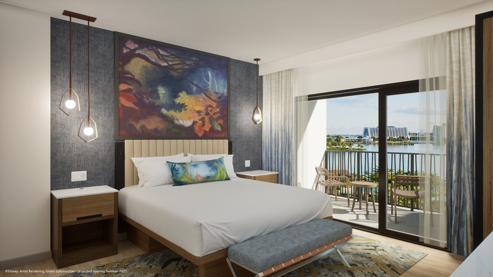 Hotel room rendering with a king bed under an abstract forest painting and an open sliding door onto a balcony with cafe chairs, looking across water toward an A-frame resort silhouette that resembles Disney's Contemporary Resort