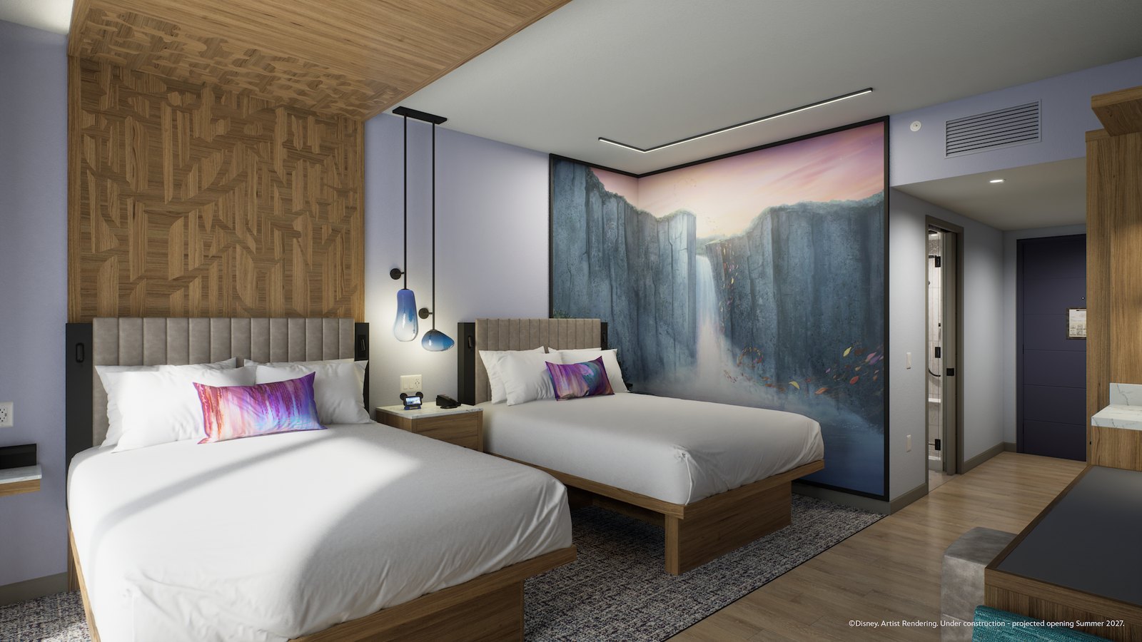 Hotel room rendering with two queen beds, pale lavender walls, a carved wood accent wall, and a floor-to-ceiling mural of a waterfall falling through a slate canyon with autumn leaves drifting through it