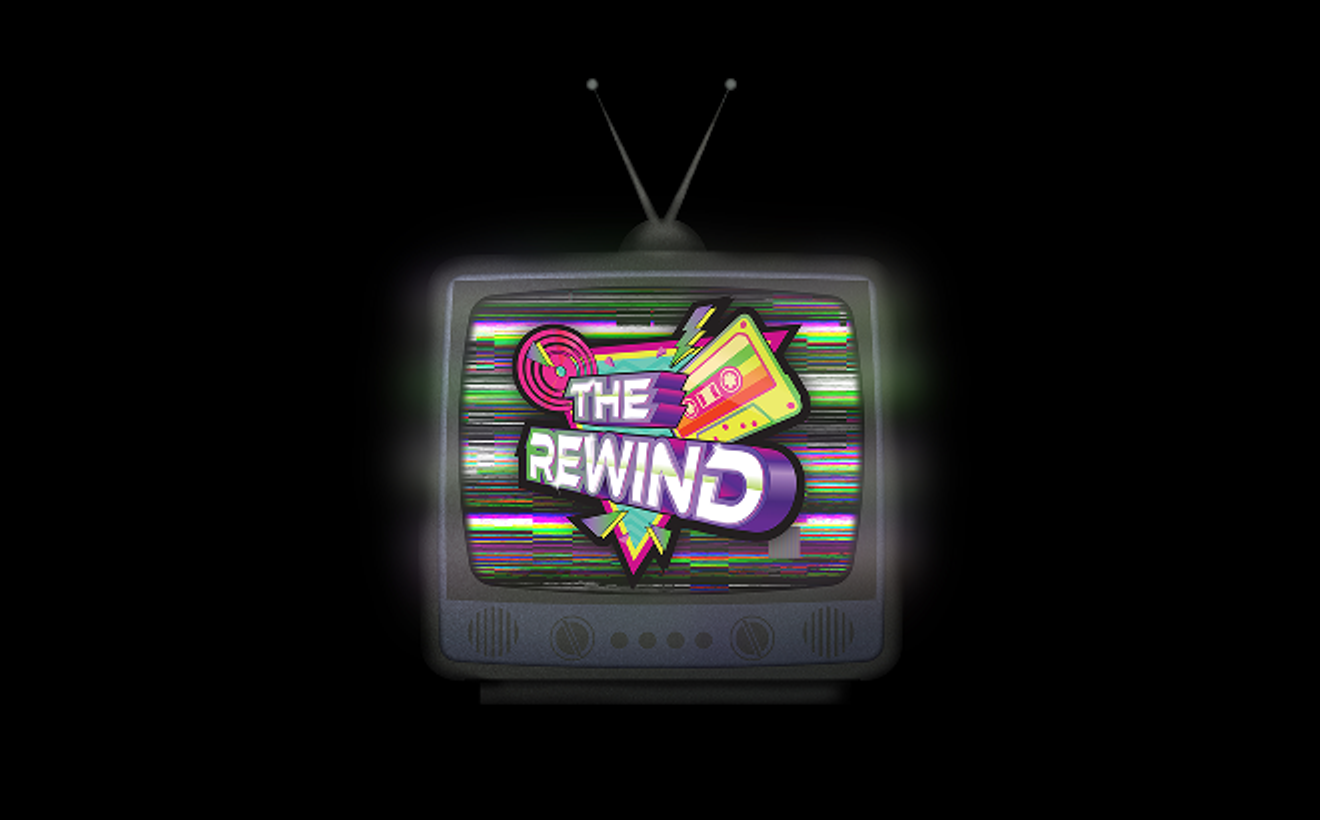 The Rewind bar logo on a CRT television with rabbit ear antennae, the screen filled with rainbow static