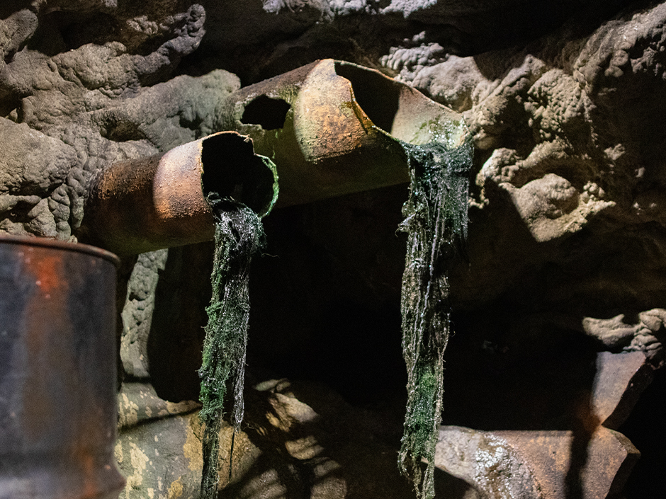 Corroded industrial pipes with broken open ends, hung above encrusted grey rockwork, with long ropes of green and white crusted runoff dripping from each opening into darkness.