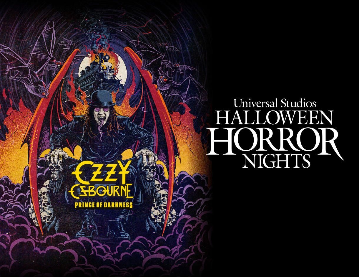 Key art for the Ozzy Osbourne: Prince of Darkness house. An illustrated Ozzy Osbourne in a bowler hat and round purple glasses sits with his tongue out and huge red bat wings spread behind him, hands resting on stacks of skulls, a flaming skull and locomotive above his head, purple bats around. Yellow OZZY OSBOURNE lettering with PRINCE OF DARKNESS beneath, and the Universal Studios Halloween Horror Nights wordmark on a black panel at right.
