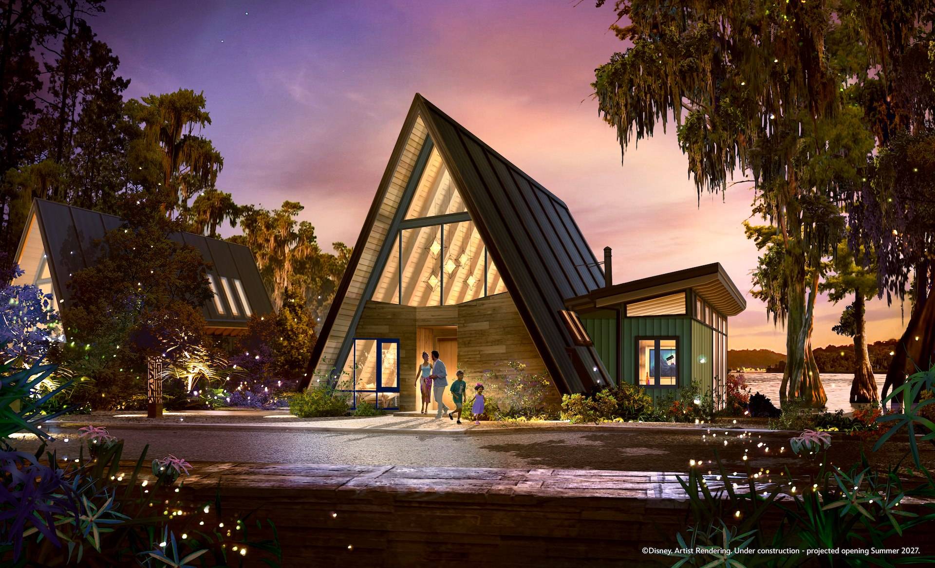 Artist rendering of an A-frame Lake House at Disney's Lakeshore Lodge at dusk, with a family walking out the front door