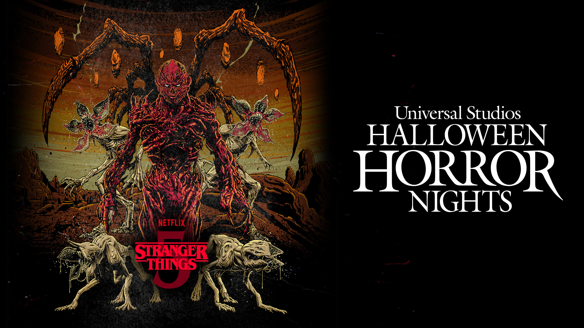 Illustrated Stranger Things 5 key art showing a towering red sinewed Vecna with long clawed limbs flanked by two Demogorgons and two Demodogs, beside the Universal Studios Halloween Horror Nights wordmark