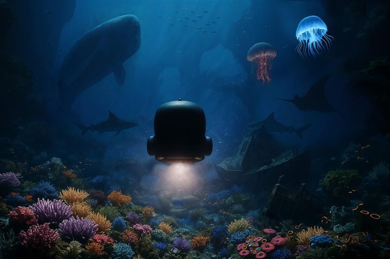 SEAQuest concept art showing a silhouetted submersible ride vehicle shining a headlight down onto a brightly colored coral reef, with whale, shark and manta ray silhouettes and two glowing jellyfish in deep blue water