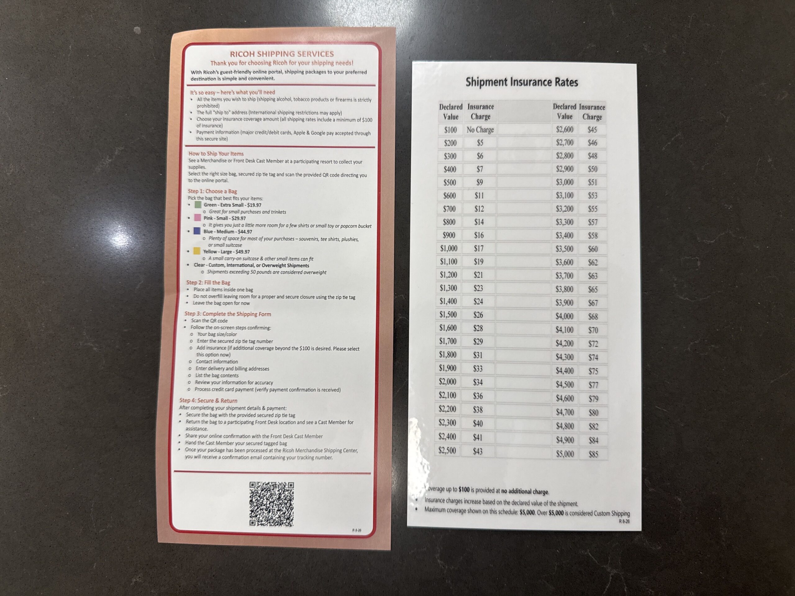 Two printed sheets on a dark counter: a red-bordered Ricoh Shipping Services instruction sheet listing four colored bag sizes with prices plus a clear custom option, and a Shipment Insurance Rates table of declared values and charges