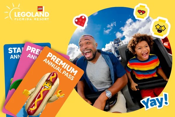 Marketing card showing a fanned deck of Standard, Preferred and Premium annual pass cards beside a photo of a man and a boy laughing on a ride