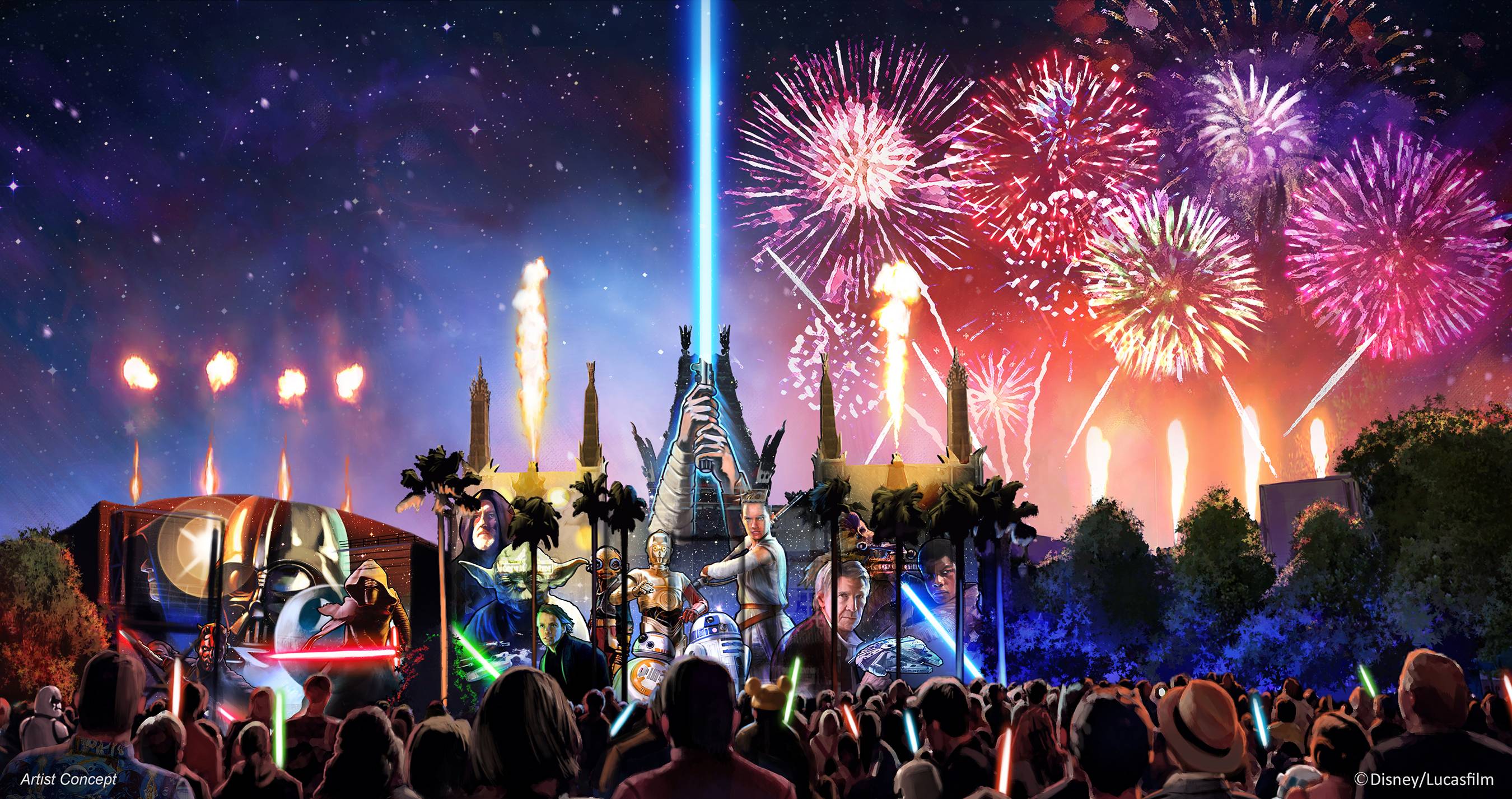 Disney concept art for Star Wars: A Galactic Spectacular showing fireworks and character projections over the Chinese Theater