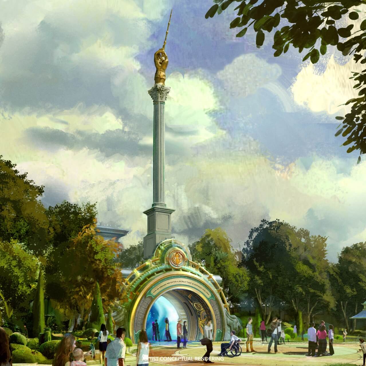 Artist conceptual rendering of a stone and gold archway beneath a tall column topped with a golden statue, with guests walking toward a blue lit tunnel and trimmed hedges on either side