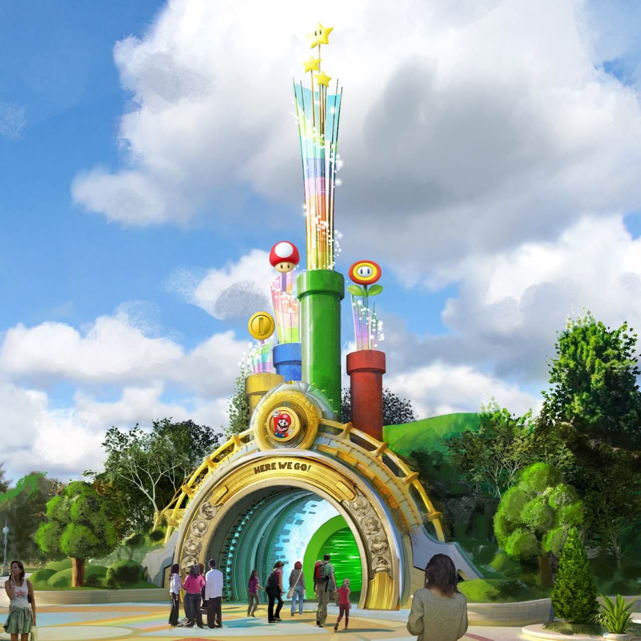 Concept artwork of a golden archway topped by a green warp pipe, a red mushroom and a fire flower, with a Mario medallion above the arch and guests walking toward a green glowing tunnel