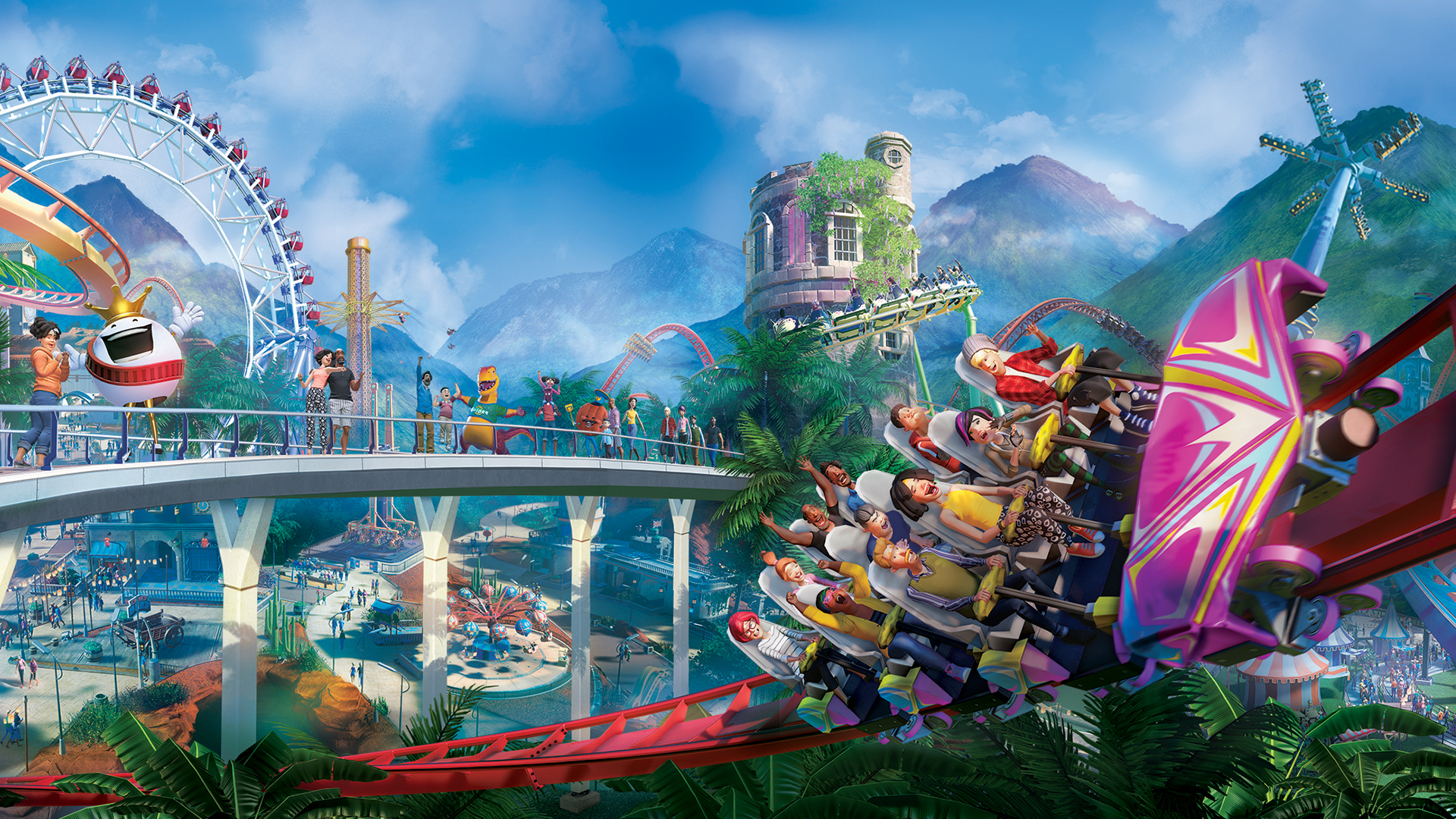 Planet Coaster key art showing a coaster train mid-drop with riders, a Ferris wheel, a swing tower ride and a castle turret across a mountain valley theme park.
