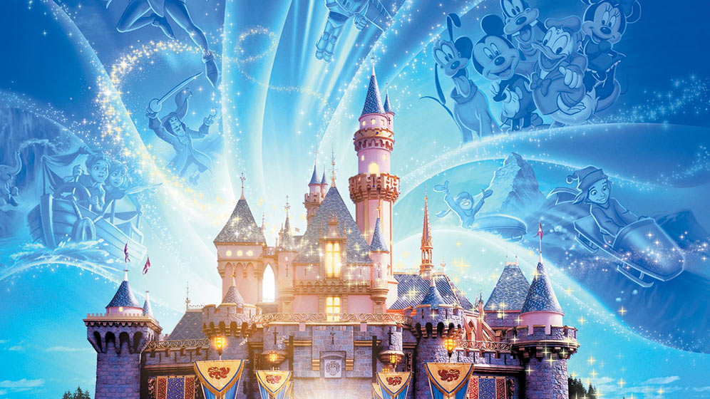 Disneyland Adventures key art showing Sleeping Beauty Castle lit from within, ringed by translucent blue artwork of Mickey, Donald and Goofy, Peter Pan characters and a bobsled on the Matterhorn.