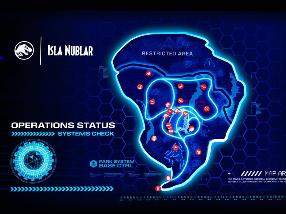 A glowing blue screen graphic labeled Isla Nublar showing the outline of the island ringed in bright cyan, dotted with red attraction icons, with a Jurassic World logo at upper left and panels reading Operations Status, Systems Check and Park System Base CTRL