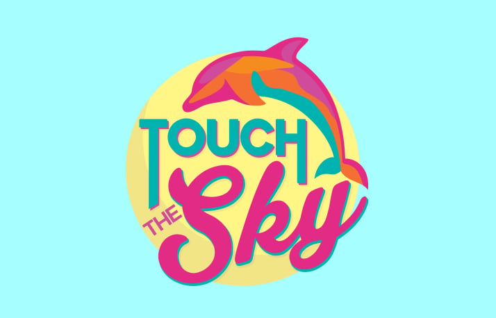 Key art on a pale blue background showing a pink and orange dolphin leaping over a yellow circle, above the words Touch the Sky in teal and pink lettering