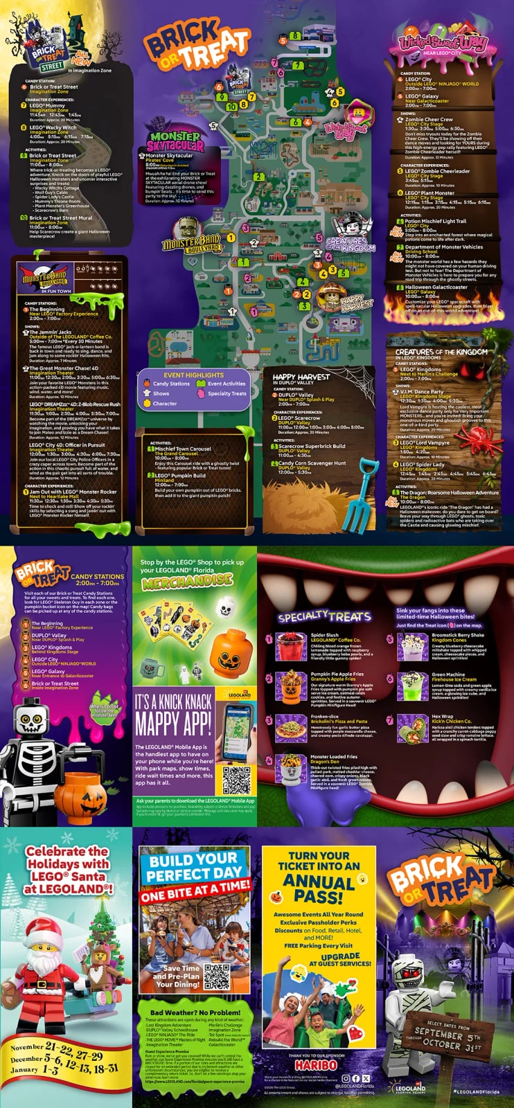 The full Brick or Treat 2026 event guide, a tall multi panel map and listing sheet with a park map down the center of the upper half, colored panels for each themed zone with show times, a candy station panel, a specialty treats panel set inside a monster mouth, and a sign reading select dates from September 5th through October 31st