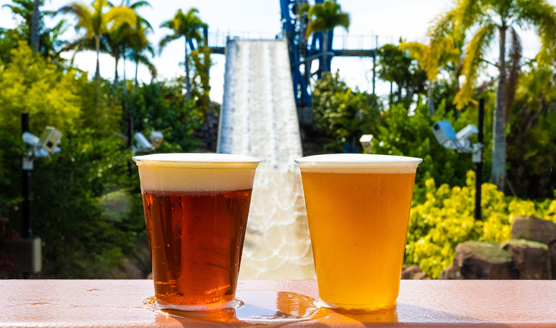 Two clear plastic cups of draft beer side by side on a wet salmon colored ledge, one amber and one pale gold, both with thick white heads, with the blue steel drop of Infinity Falls and churning white water behind them.