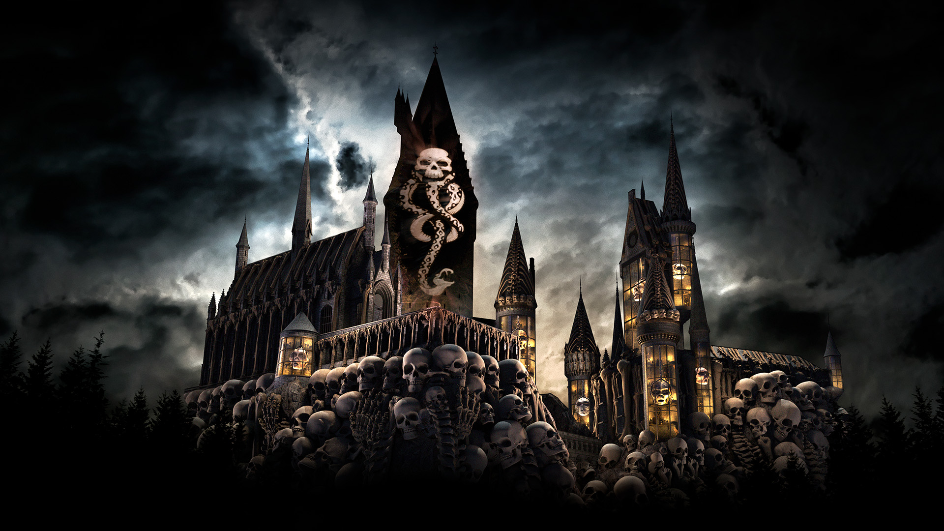 Hogwarts Castle at night under stormy clouds, with a skull and serpent Dark Mark projected across its central tower and a heap of skulls piled at its base.