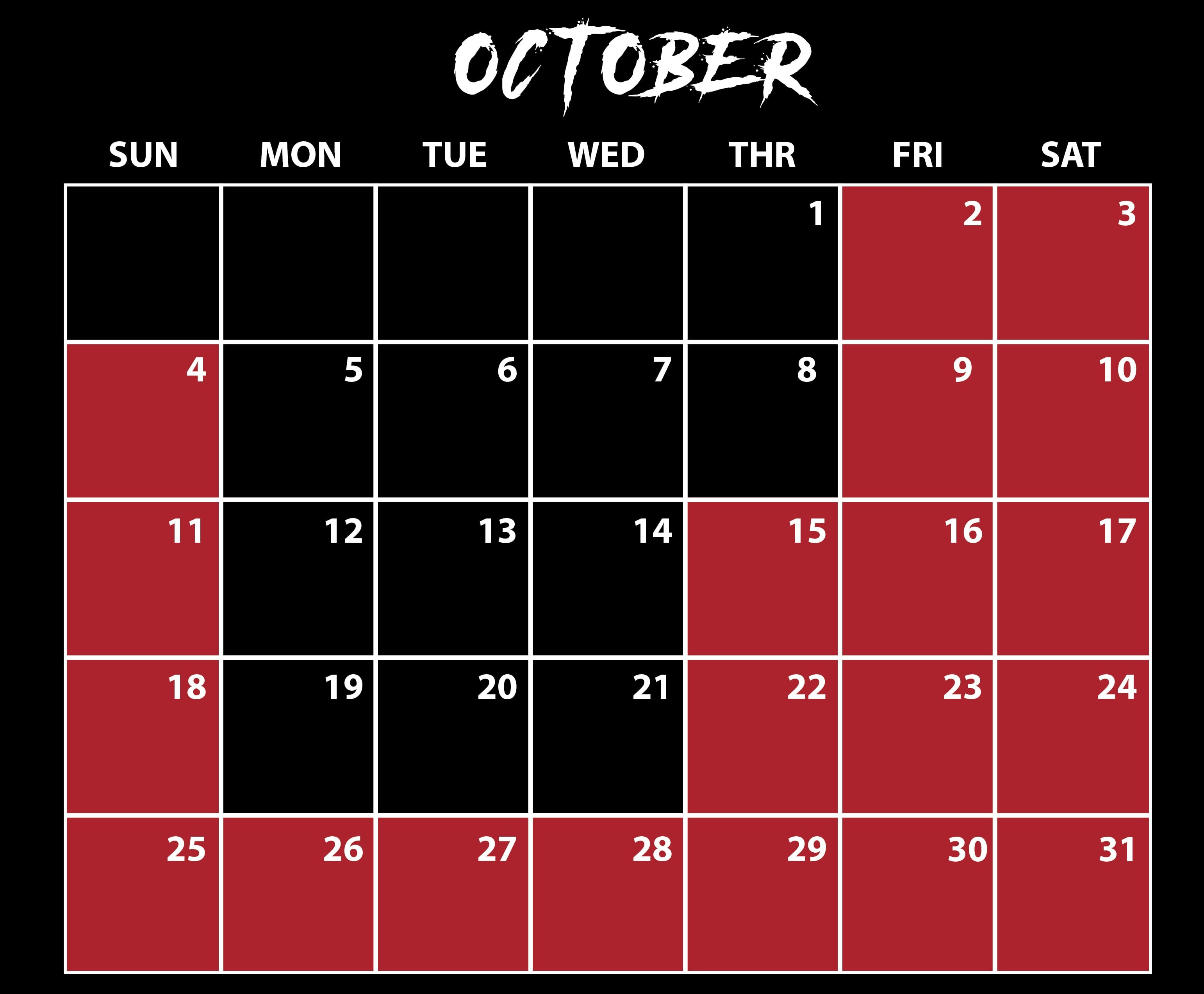 SeaWorld's official October 2026 Howl-O-Scream calendar graphic. A black grid under a white brush script OCTOBER header. Twenty dates are filled in dark red: 2, 3, 4, 9, 10, 11, 15, 16, 17, 18, 22, 23, 24, and then every day from 25 through 31. October 1 and the midweek gaps earlier in the month sit on plain black.