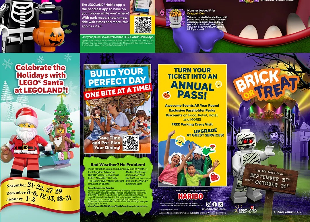 The bottom third of the Brick or Treat digital event guide. Panels advertise Celebrate the Holidays with LEGO Santa with a Santa minifigure and a date list, a Build Your Perfect Day dining pre-order promo with a QR code, a yellow Turn Your Ticket Into An Annual Pass ad, a Bad Weather? No Problem! attraction list, a Guest Experience Promise paragraph, a THANK YOU TO OUR SPONSOR HARIBO line, and at right a LEGO Mummy beside a wooden sign reading SELECT DATES FROM SEPTEMBER 5TH THROUGH OCTOBER 31ST.