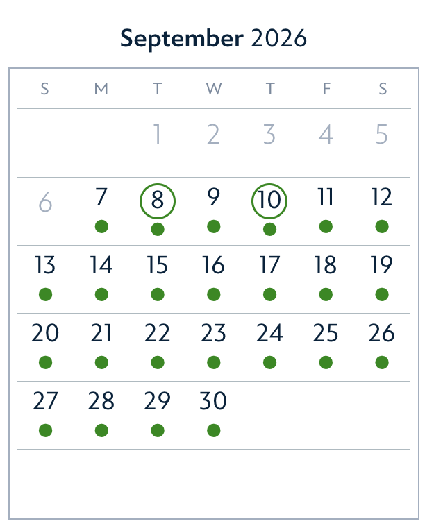 A screenshot of the Walt Disney World Annual Passholder park reservation calendar for September 2026. Days 1 through 6 are greyed out. Every date from 7 through 30 carries a green dot beneath the number, and green circles have been drawn around the 8 and the 10.