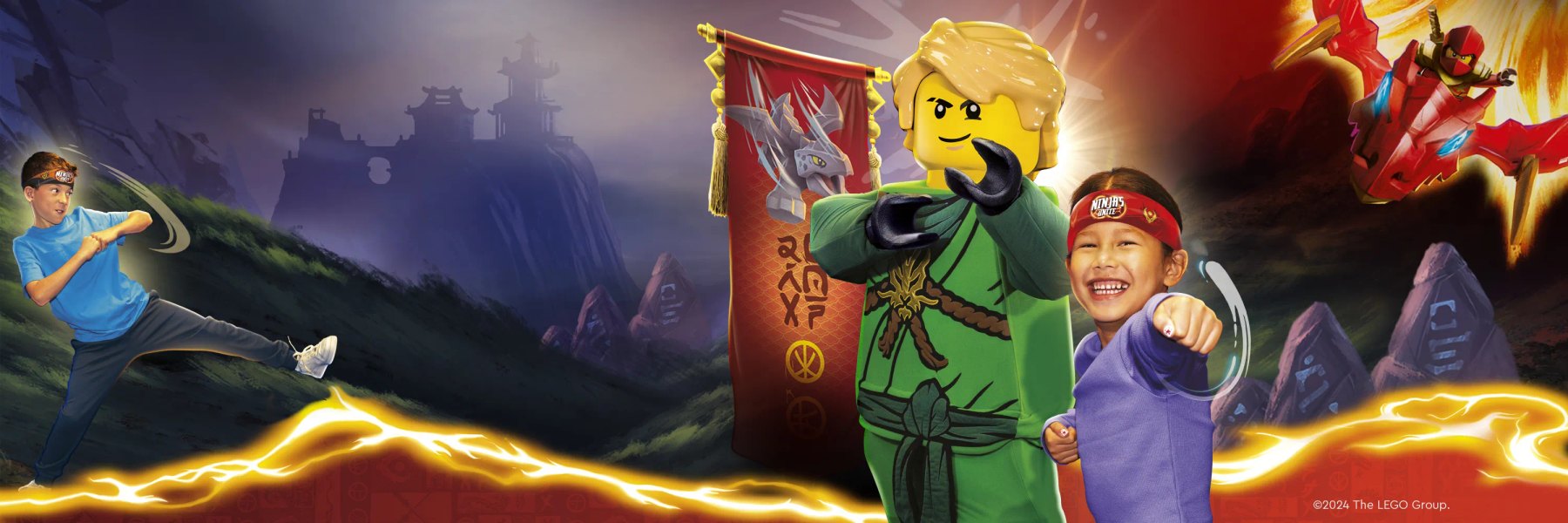 LEGO NINJAGO Weekends banner art, with a boy in a blue shirt and ninja headband kicking at left, a costumed LEGO Lloyd character in green at center beside a red banner showing a white dragon, a smiling girl in purple wearing a red ninja headband, and a red LEGO ninja riding a dragon at upper right over a mountain and temple landscape.