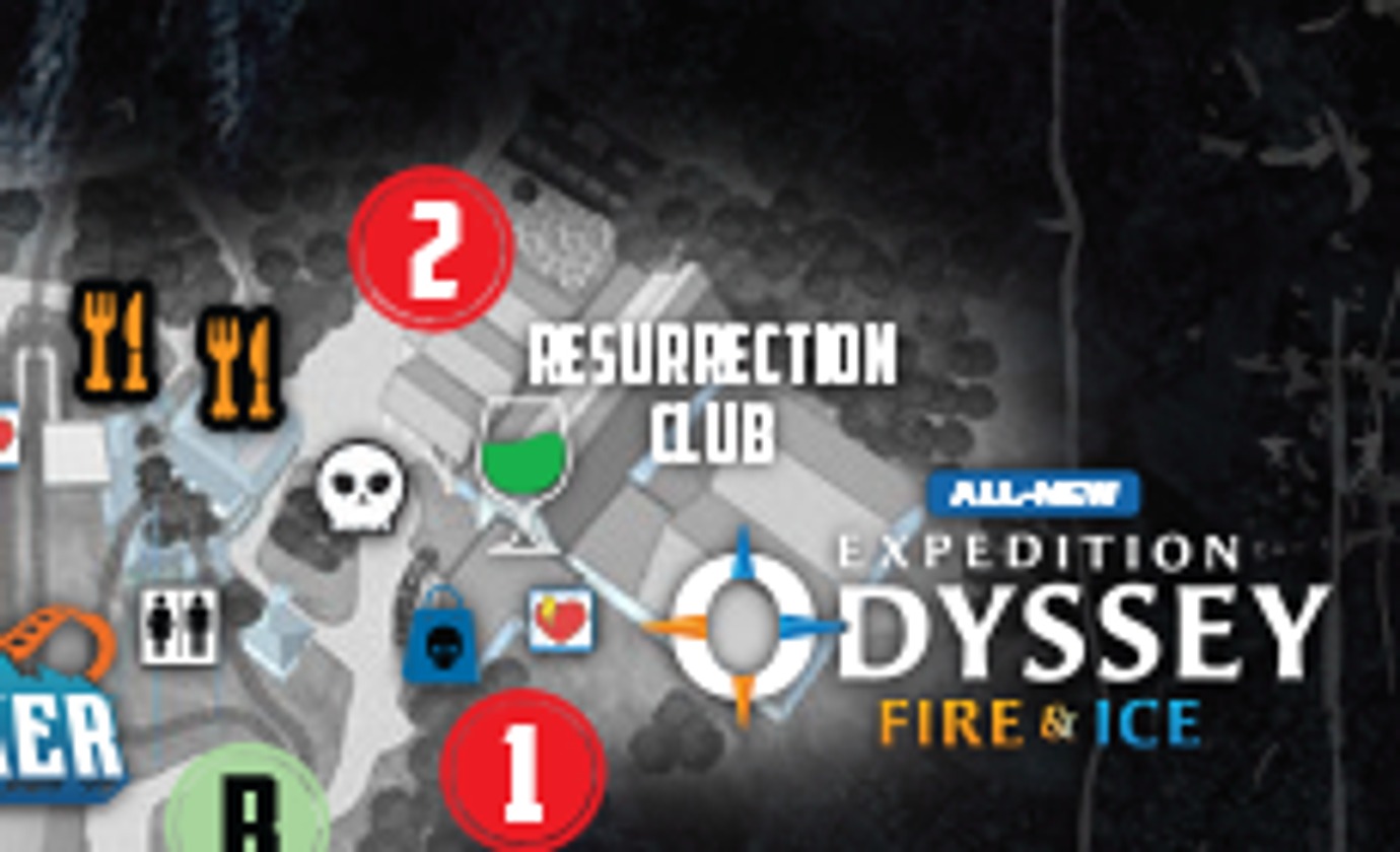 Detail from the event map showing the red number 2 marker for the Rave Yard house immediately beside the Resurrection Club label and its green wine glass bar icon, with a skull redemption icon nearby and the Expedition Odyssey Fire and Ice logo to the right.