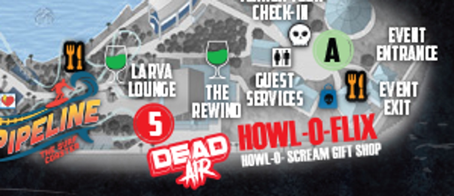 Detail from the event map showing Larva Lounge and The Rewind side by side with bar icons, the red number 5 marker between them, the Dead Air show logo, the Howl-O-Flix gift shop, scare zone A, Guest Services, and the Event Entrance and Event Exit.