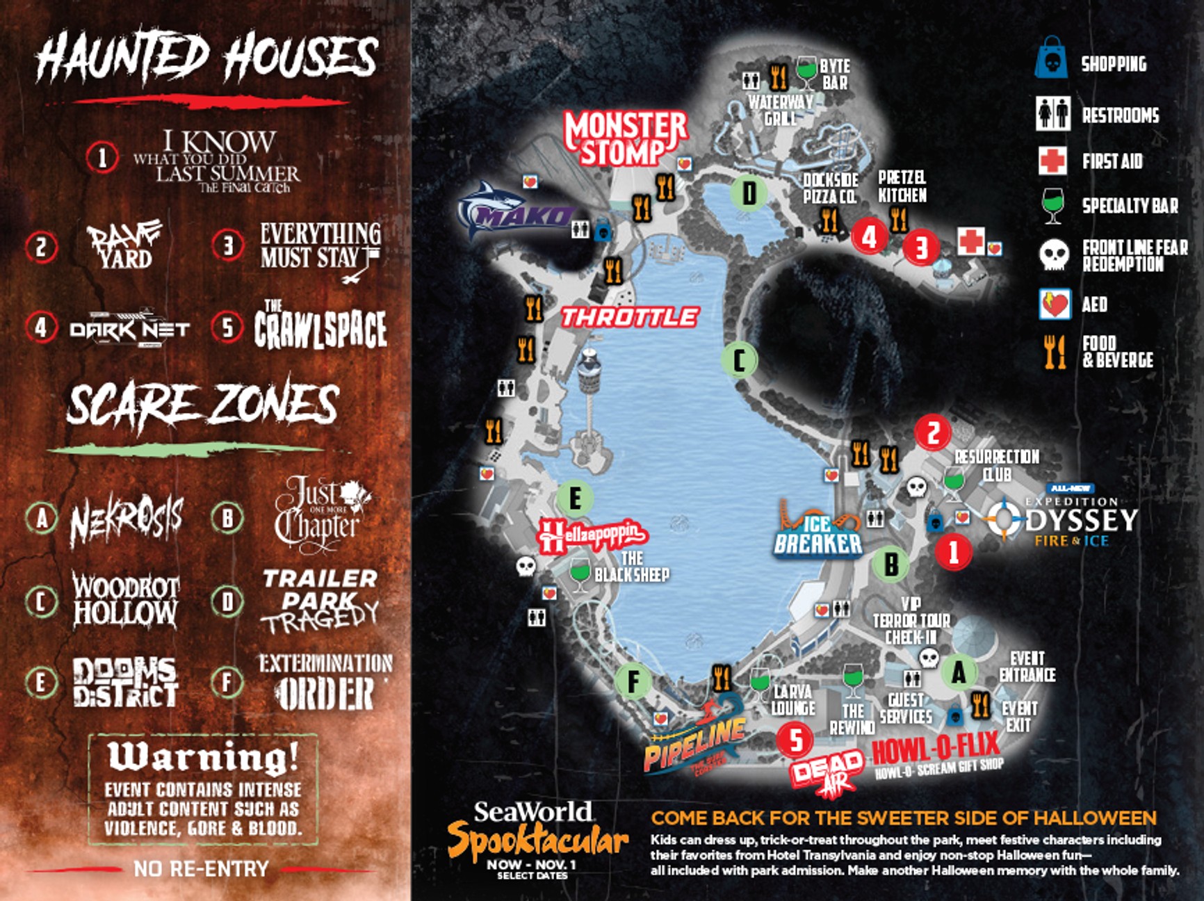 The full Howl-O-Scream 2026 event map for SeaWorld Orlando, with a left panel listing five numbered haunted houses and six lettered scare zones, and a park map marking each one plus bars, shows, food, restrooms and the event entrance and exit.