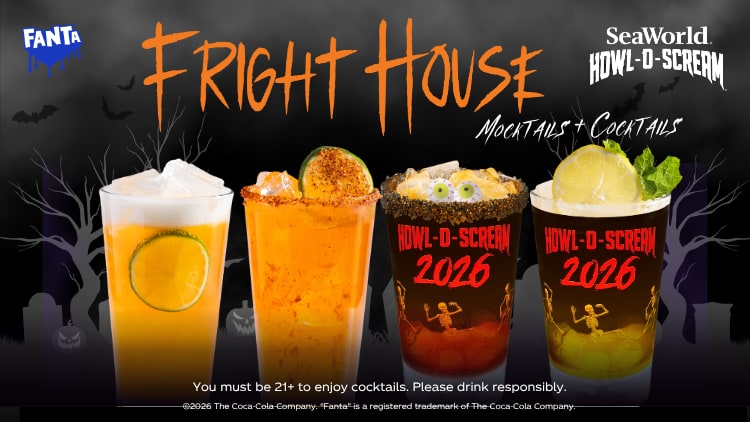 A Fanta promotional graphic headed Fright House, Mocktails and Cocktails, showing four Halloween drinks against a dark background with bats and jack-o-lanterns. Two are in black cups printed Howl-O-Scream 2026 in red with orange skeleton graphics.