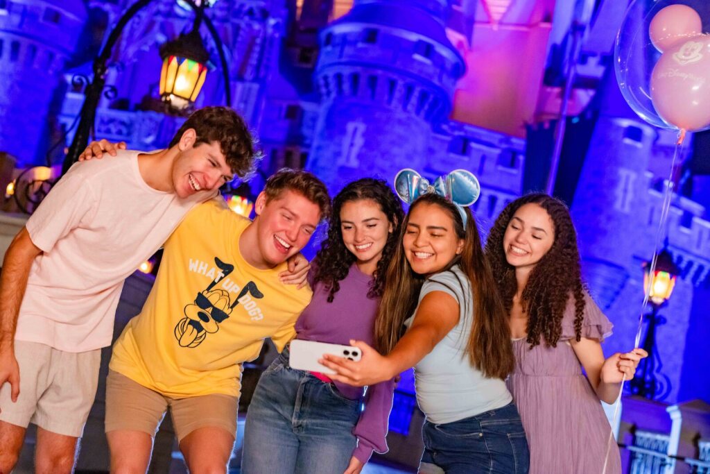 Cinderella Castle lit at night during Disney After Hours at Magic Kingdom