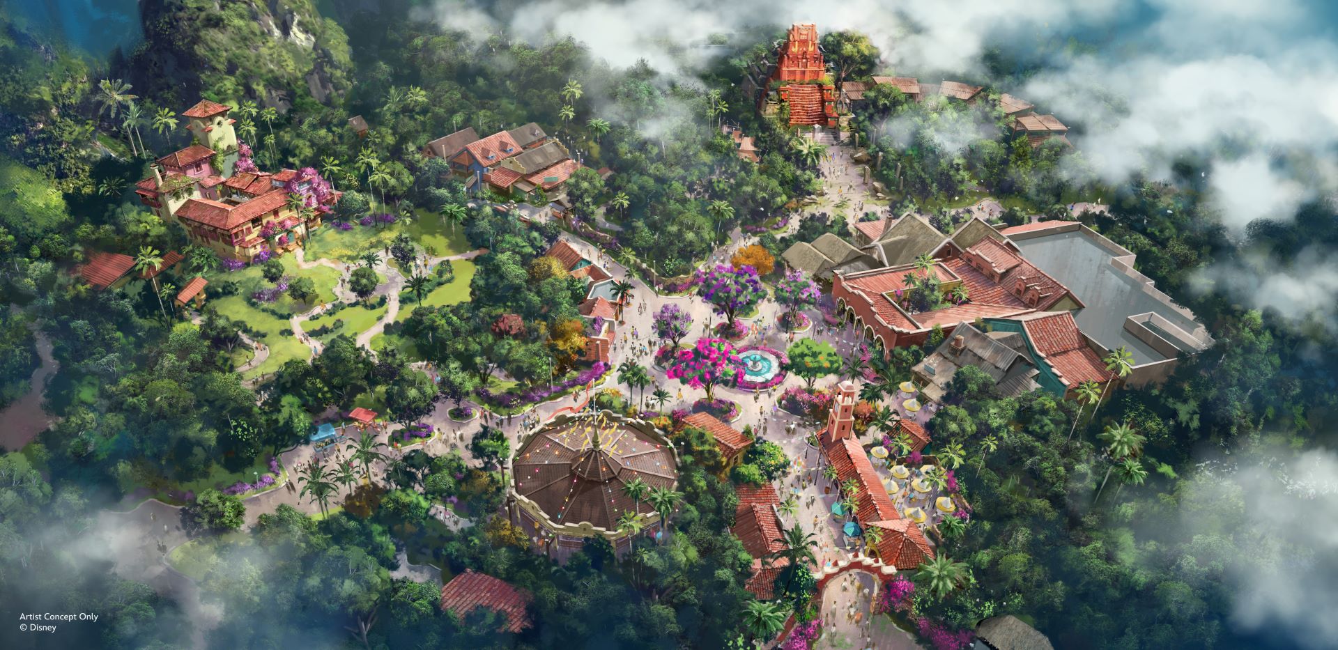 Aerial concept painting of Tropical Americas: winding paths through dense green jungle, a plaza with a turquoise fountain ringed in magenta flowering shrubs, a polygonal carousel pavilion with a shingled conical roof strung with lights at lower center, a tall red-orange stepped temple tower at top center, a pink and cream hacienda at upper left, and a large flat grey show building roof at right.