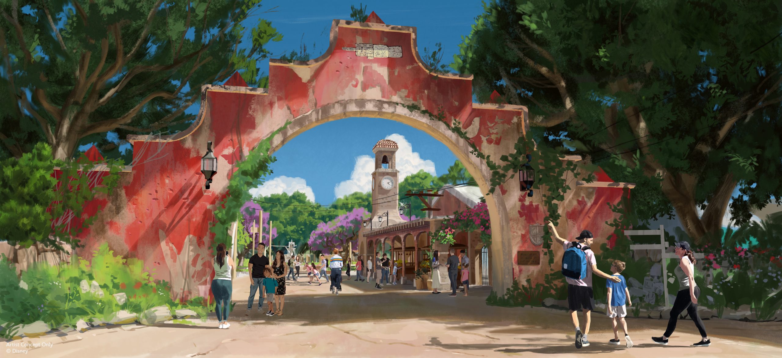 Concept painting looking through a weathered red stucco archway with a scalloped top and two hanging lanterns, framed by large shade trees; through the arch is a colonial clock tower above an arcaded market building, purple flowering trees and guests walking a sunlit path.
