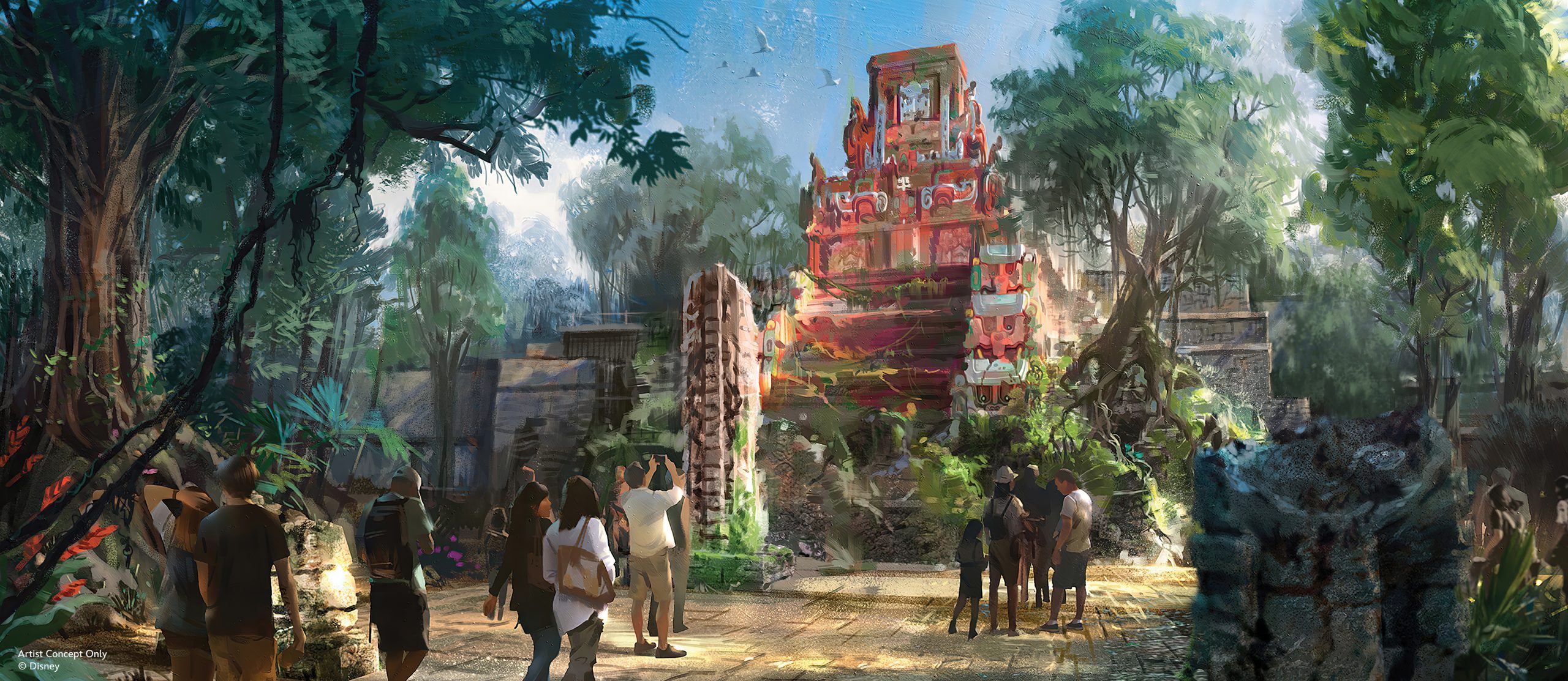 Concept painting of guests standing in a sunlit jungle clearing looking up at a vivid red-orange stepped stone temple tower covered in carved masks and draped in green vines, with weathered stone walls in front of it and sunbeams falling through the tree canopy.