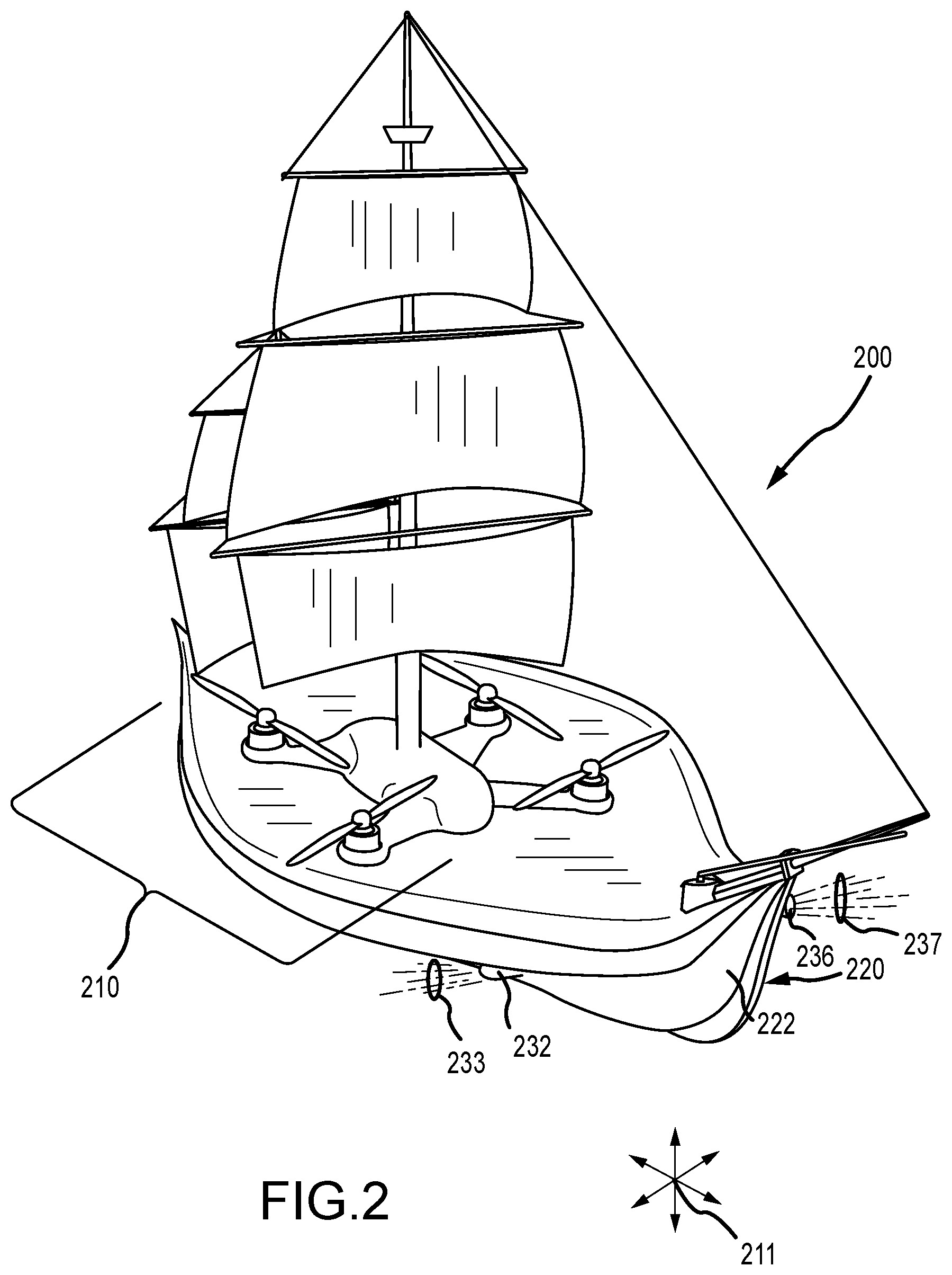 Patent line drawing of a tall sailing ship with three tiers of square sails on a single mast, a four rotor drone sitting inside the open hull, and show effect emitters marked along the hull and at the bowsprit