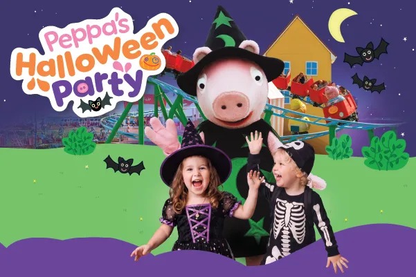 Event key art on a purple starry night sky above a green rolling hill. The Peppa's Halloween Party logo sits at the upper left in pink and white bubble lettering with a small jack-o-lantern and cartoon bats. A walkaround Peppa character in a black cape and a black pointed hat with a green star and crescent moon stands between two children, a girl in a black and purple witch dress and matching hat and a smaller child in a black skeleton onesie with a hood. Peppa's yellow house and a blue and green coaster with a red train are behind them under a yellow crescent moon.
