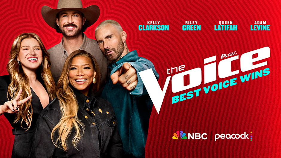 Key art for season 30 of The Voice showing four coaches named on the art as Kelly Clarkson, Riley Green, Queen Latifah and Adam Levine against a red background