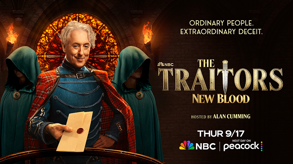 Key art for The Traitors: New Blood showing host Alan Cumming in a tartan cape holding a wax sealed envelope, flanked by two hooded figures in front of a stained glass window