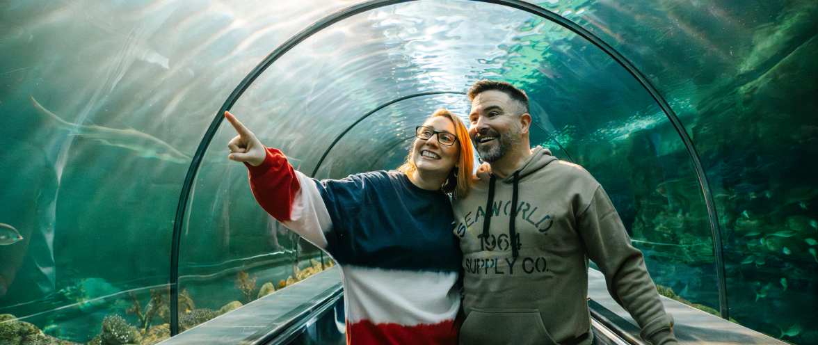A smiling woman in a red, white and navy colour blocked sweatshirt pointing upward with her right arm while leaning against a man in a hoodie reading SEAWORLD 1964 SUPPLY CO., the two of them standing inside a curved acrylic aquarium tunnel with green lit water, rockwork and fish visible overhead and to either side