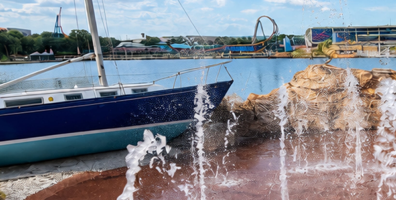 A rust red splash pad with about eight vertical jets of water firing upward, a navy and white sailboat sitting out of the water on the left beside the pad, sculpted faux rock work behind and to the right of the jets, and across the lake behind it a looping roller coaster track and park buildings under a blue sky with scattered cloud