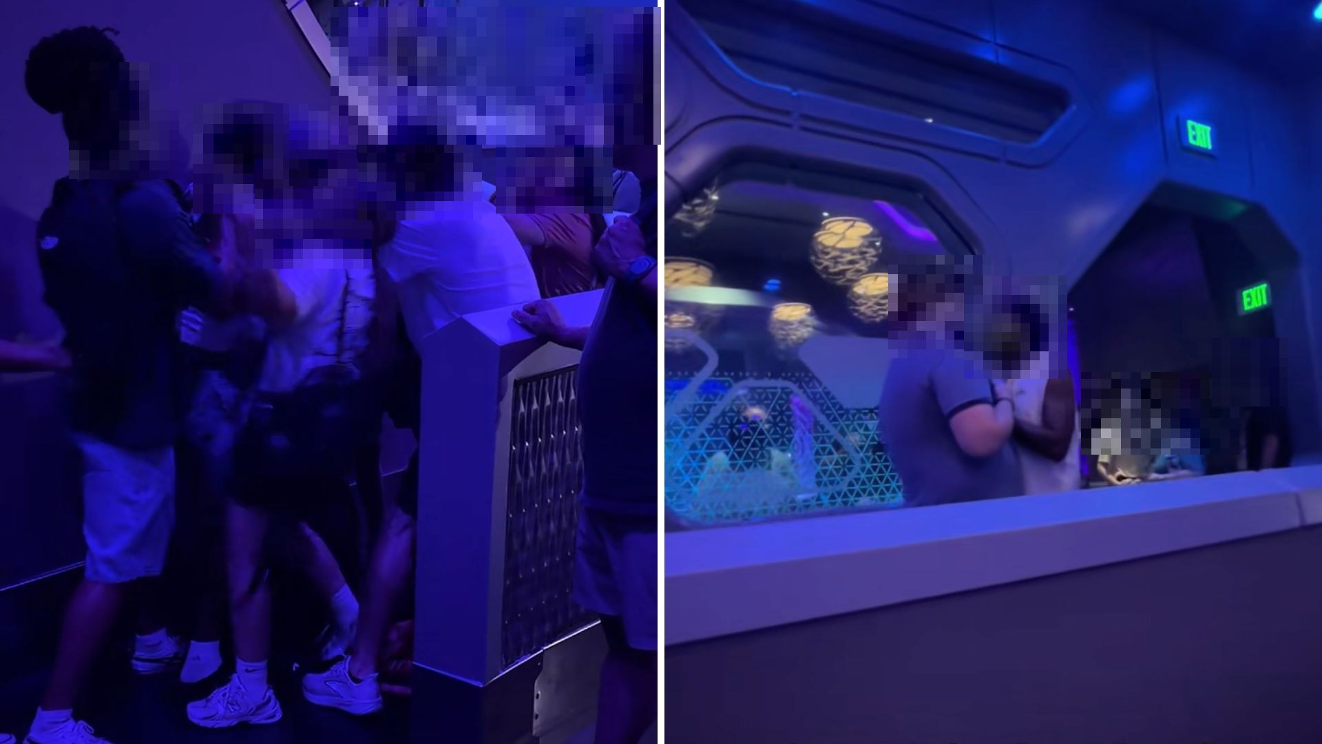 Two video stills side by side from a dimly lit blue queue. At left, a group of guests grapple against a railing. At right, a man in a blue polo shirt stands chest to chest with a man in a white sleeveless shirt in front of a large window, near two exit signs. Faces are pixelated.
