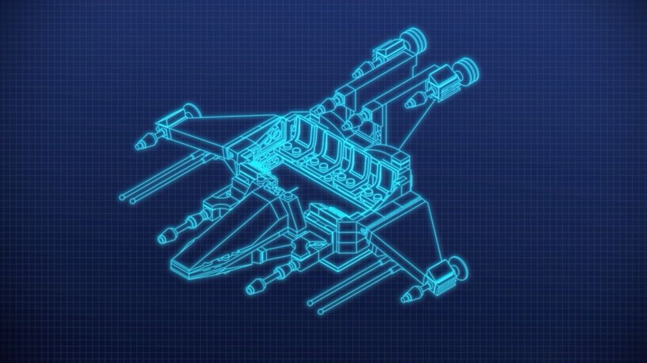 A glowing cyan wireframe blueprint of a LEGO spacecraft with swept wings and several engines, drawn on a dark blue grid