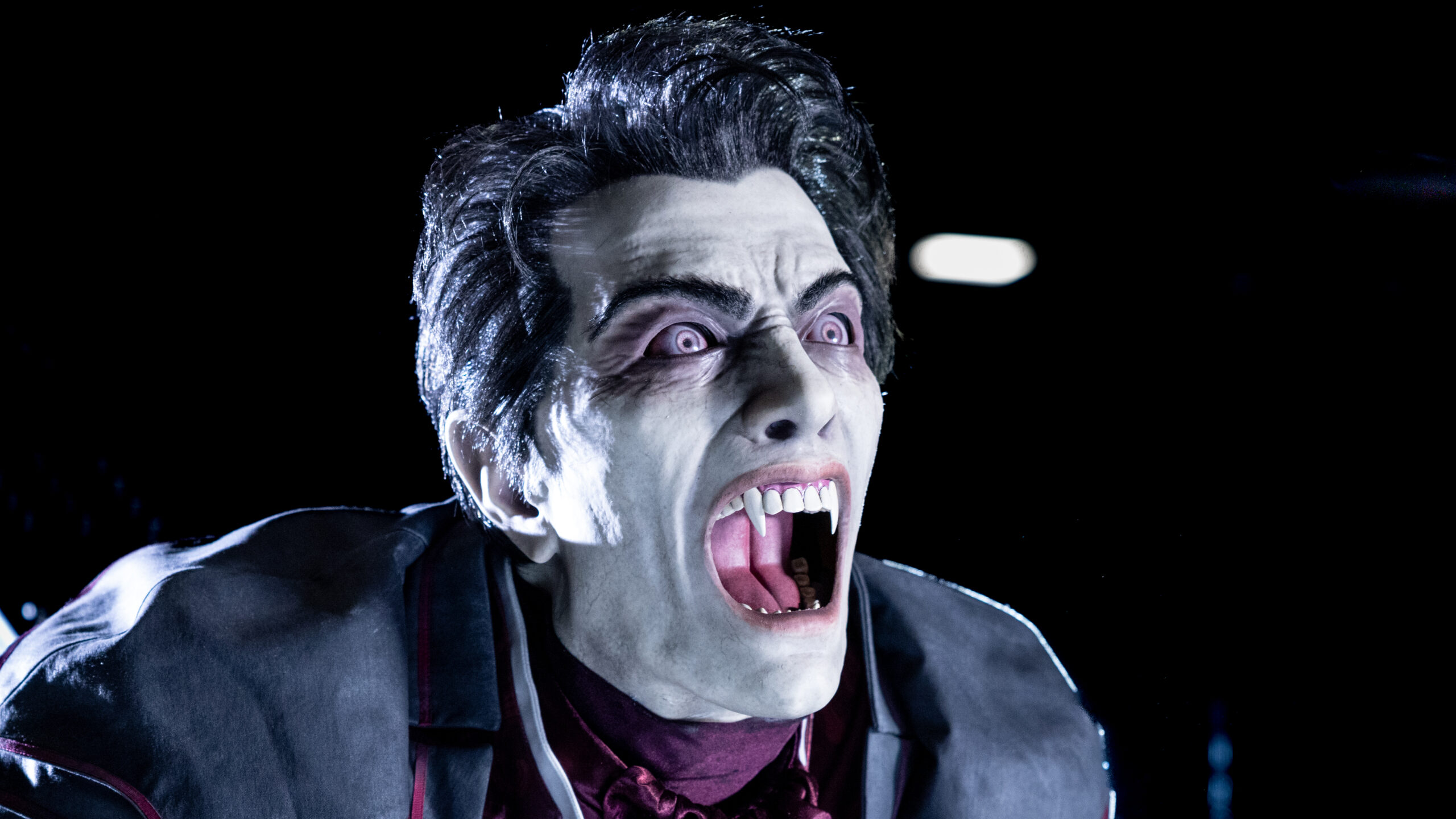 Close up of the Dracula animatronic figure from Monsters Unchained, with white skin, slicked black hair, pale eyes and his mouth open wide showing fangs, against a dark background
