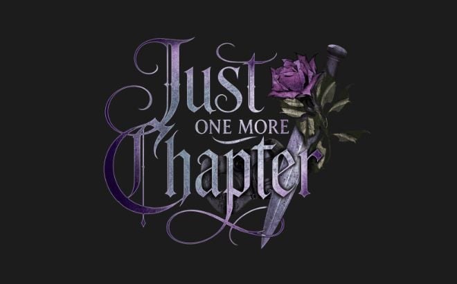 The Just One More Chapter logo in ornate silver and purple blackletter script on a black background, with a purple rose and a dagger behind the lettering