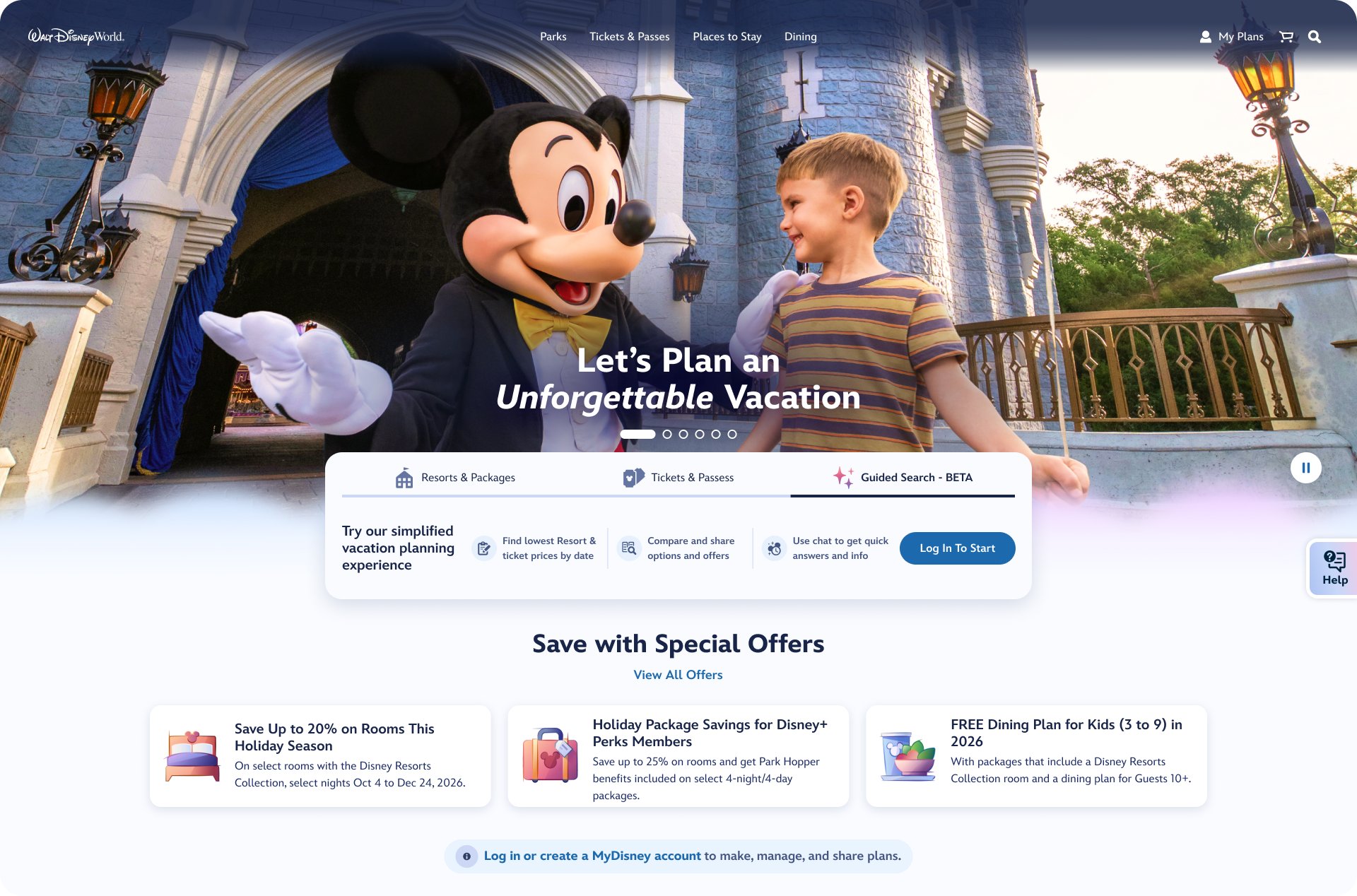 The Walt Disney World website homepage with Mickey Mouse and a young boy in front of Cinderella Castle under the headline Let's Plan an Unforgettable Vacation, above a search panel with three tabs, Resorts and Packages, Tickets and Passes, and a selected Guided Search BETA tab offering to find lowest resort and ticket prices by date, compare and share options and offers, and use chat to get quick answers, with a Log In To Start button
